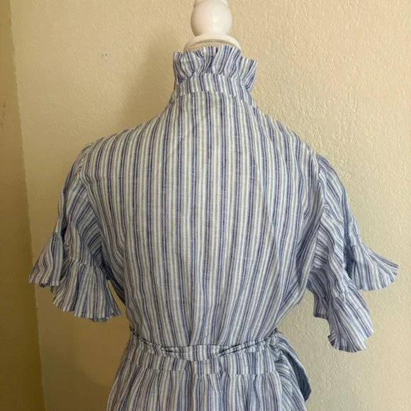 MILLE Resort Violetts Blue Striped Linen Dress Size Small Ruffle - Picture 3 of 9